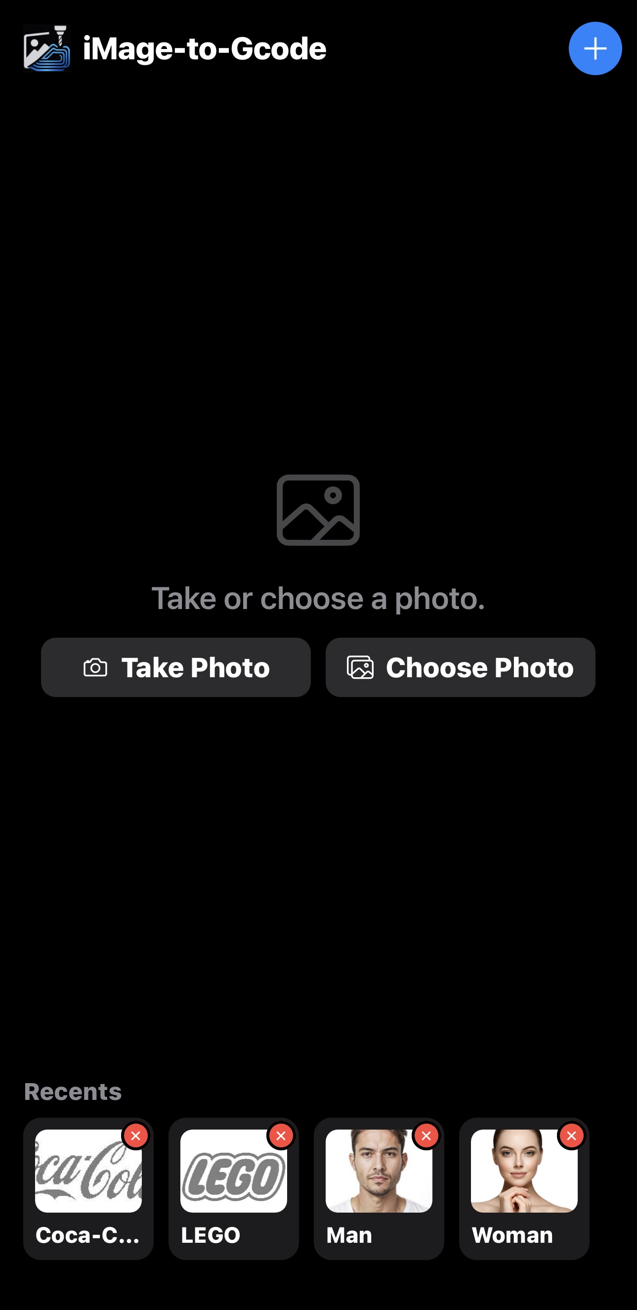 Home screen with Take Photo, Choose Photo, and Recents cards for Coca-Cola, LEGO, and portrait jobs