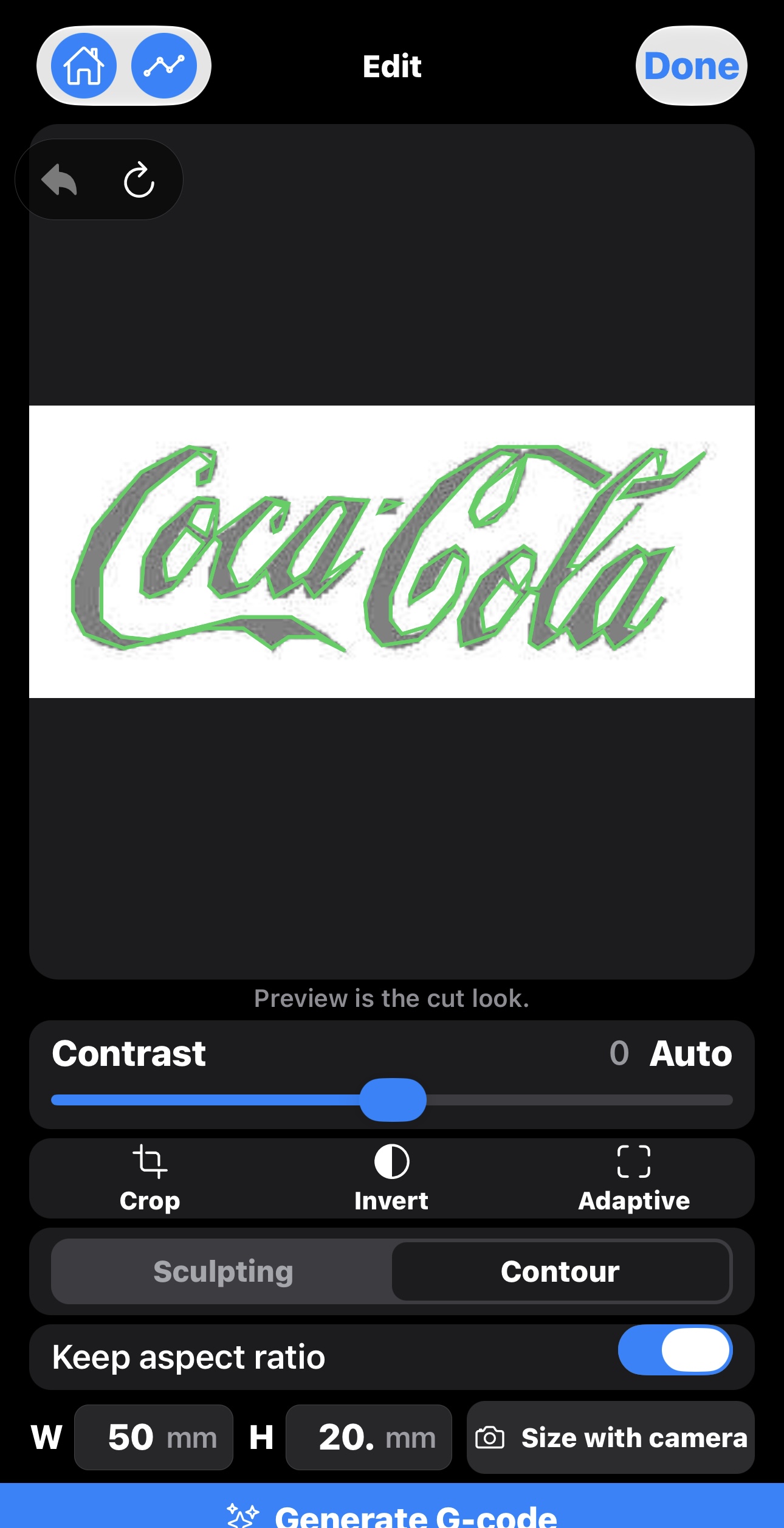 Edit screen with Contour selected on a Coca-Cola logo, green outline preview, and 50 by 20 mm size