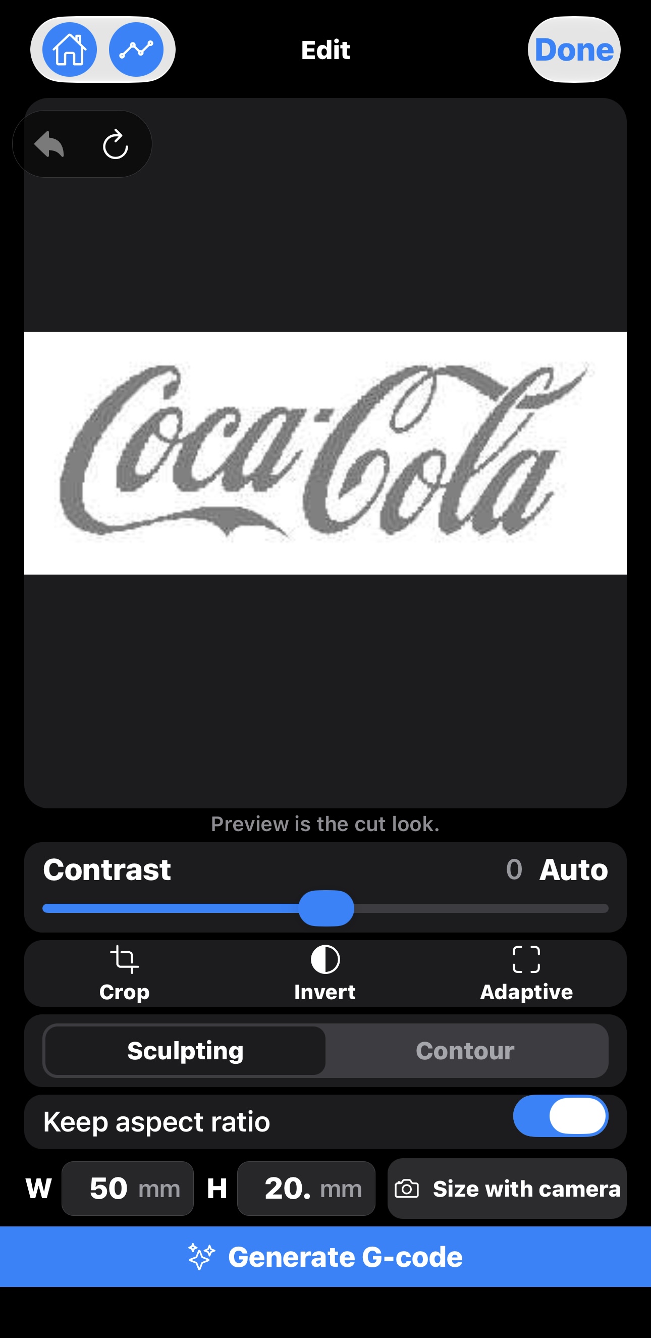 Edit screen with Sculpting selected on a Coca-Cola logo, grayscale cut preview, and 50 by 20 mm size