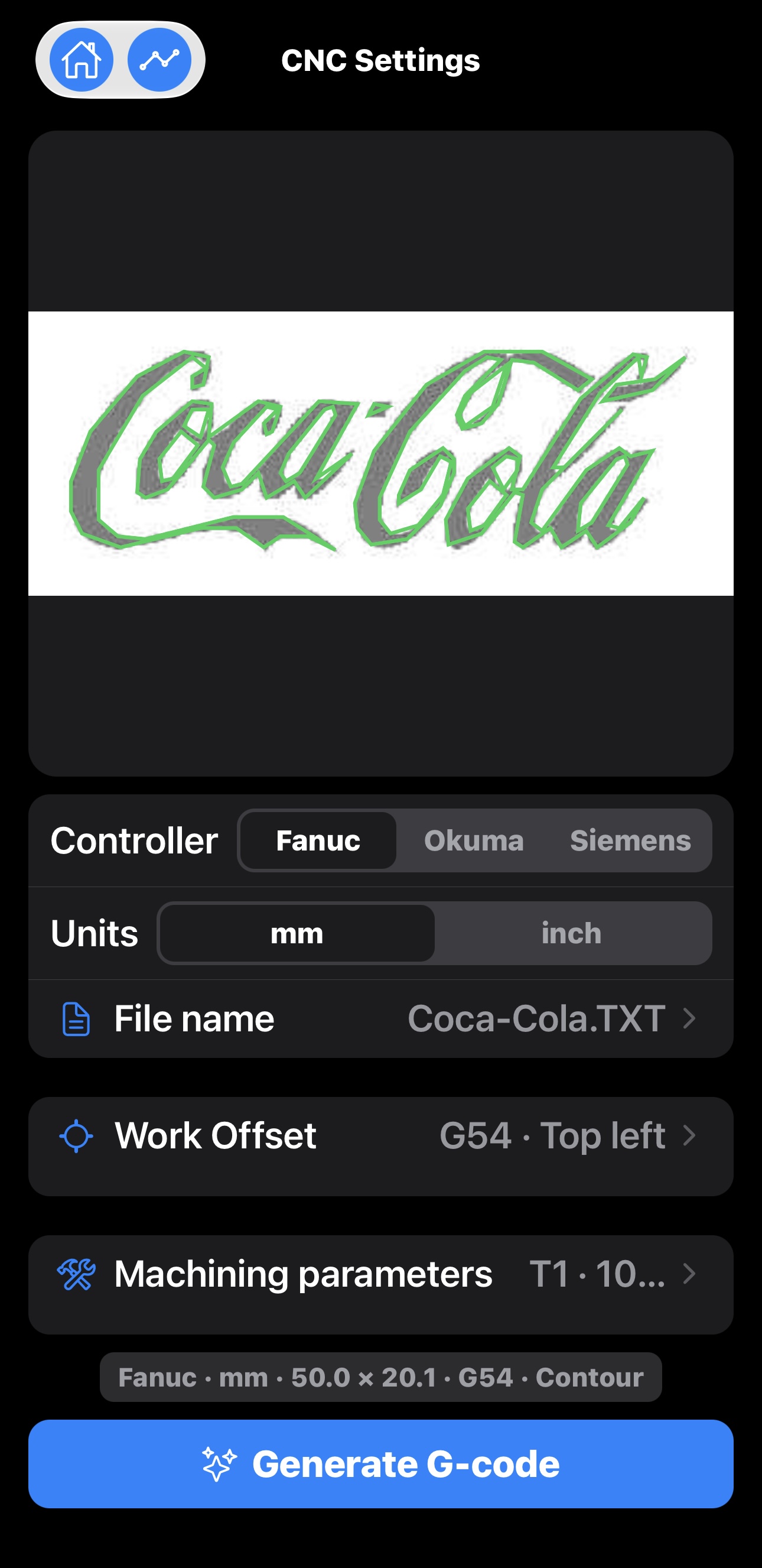CNC Settings with Fanuc, millimetres, Coca-Cola.TXT, G54 top left, and Contour summary