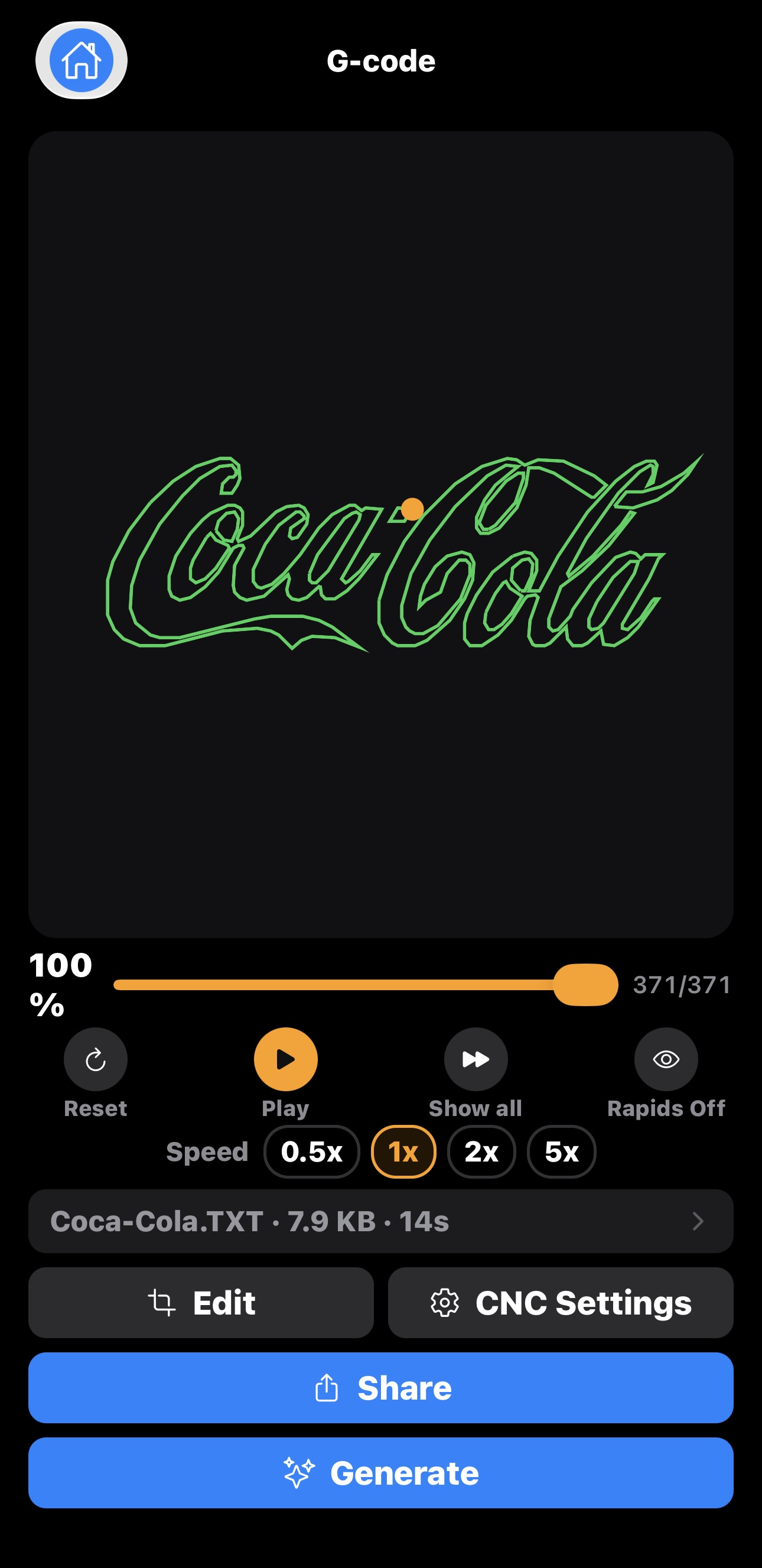 G-code simulation of a Contour Coca-Cola toolpath at 371 of 371 lines